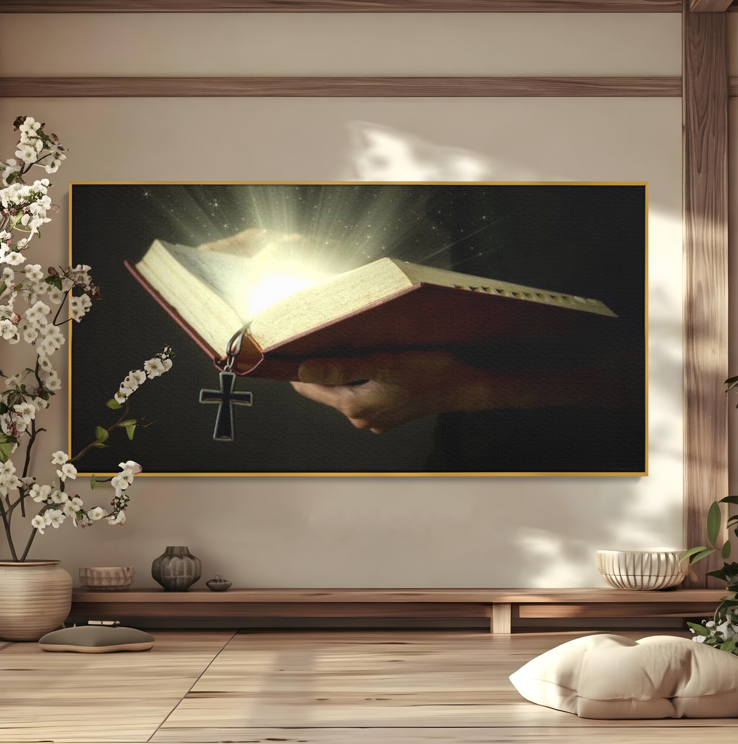 Tablou canvas cu tablou canvas cu biblie deschisa si cruce, in rama de aluminiu auriu